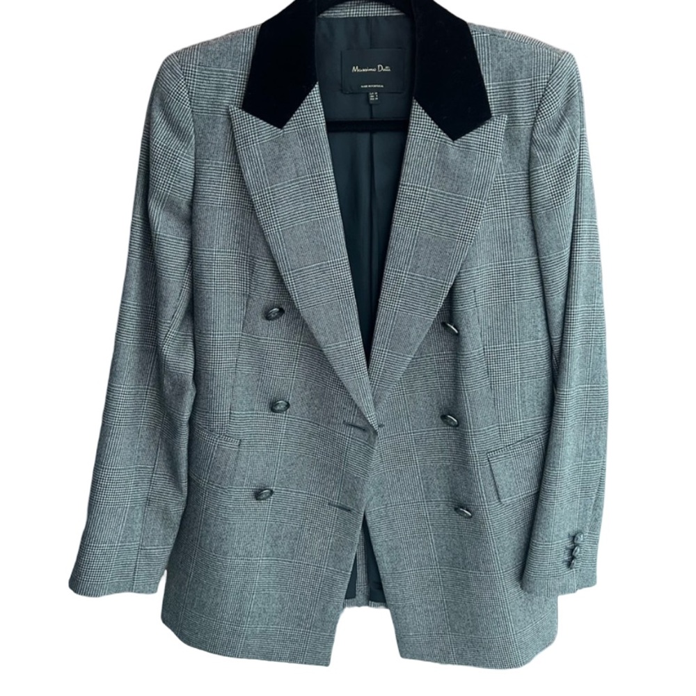Massimo Dutti Gray Glen Plaid Double-Breasted Blazer with Black Velvet Collar